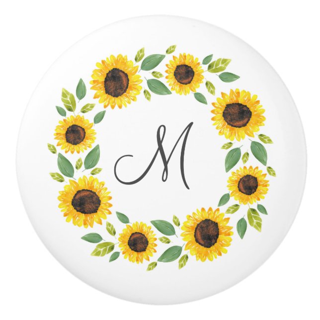 Hand Painted Watercolor Sunflower Wreath Ceramic Knob (Front)