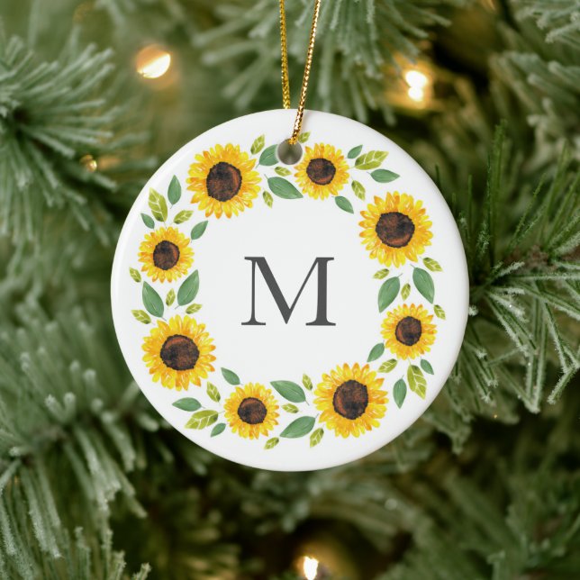 Hand Painted Watercolor Sunflower Wreath  Ceramic Ornament (Tree)