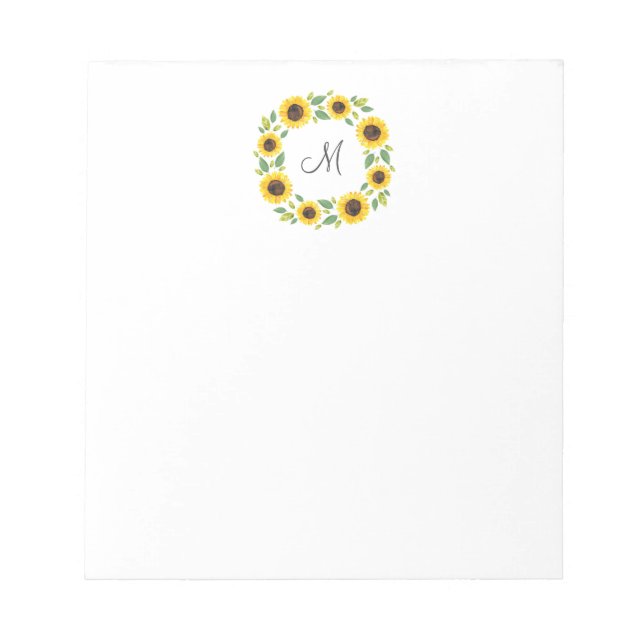 Hand Painted Watercolor Sunflower Wreath Notepad (Front)