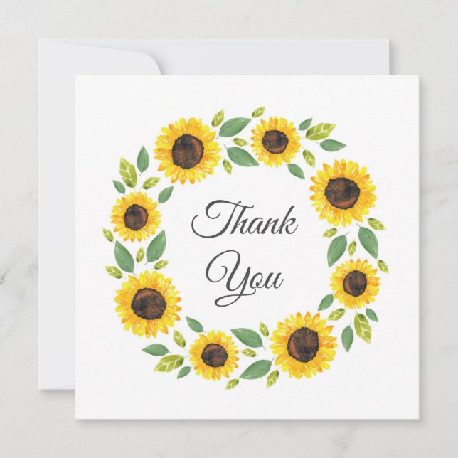 Hand Painted Watercolor Sunflower Wreath  Thank You Card (Front)