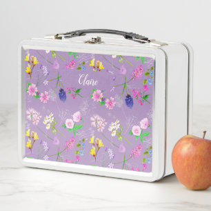 Hand-painted watercolour flowers custom lilac metal lunch box
