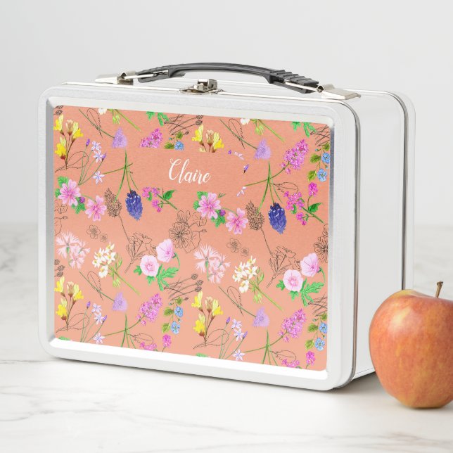 Hand-painted watercolour flowers custom peach  metal lunch box (In Situ)