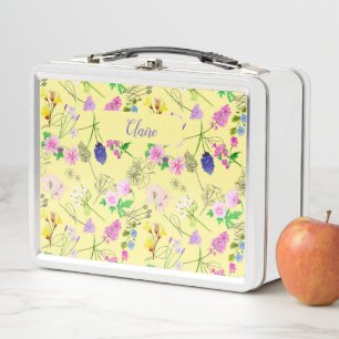 Hand-painted watercolour flowers custom yellow metal lunch box