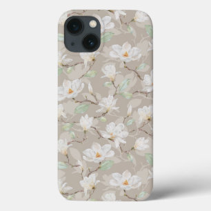 Hand Painted White Magnolia on Blush Beige iPhone 13 Case