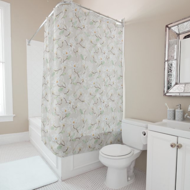 Hand Painted White Magnolia on Light Beige Shower Curtain (In Situ)