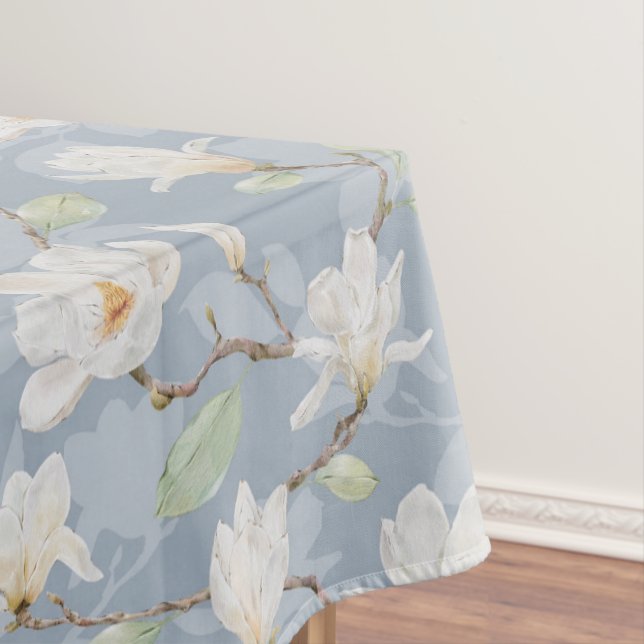 Hand Painted White Magnolia on Sky Blue Tablecloth (In Situ)