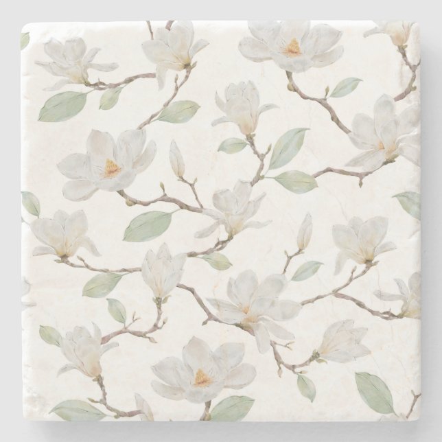 Hand Painted White Magnolia on White Stone Coaster (Front)