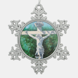 Hand Painted Whites CRUCIFIX Snowflake Pewter Christmas Ornament