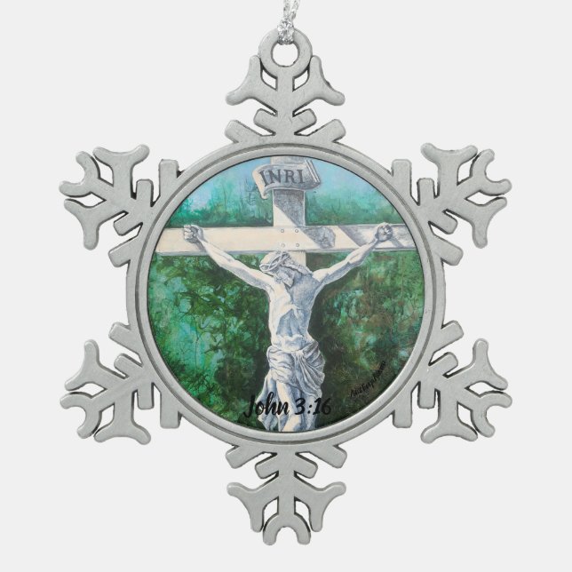 Hand Painted Whites CRUCIFIX Snowflake Pewter Christmas Ornament (Front)