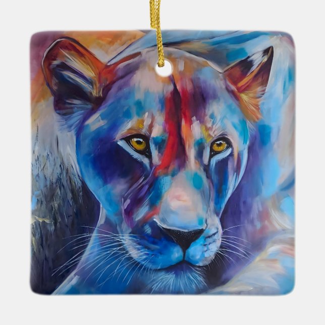 Hand Painted Wild Cat Portrait Ceramic Ornament (Front)