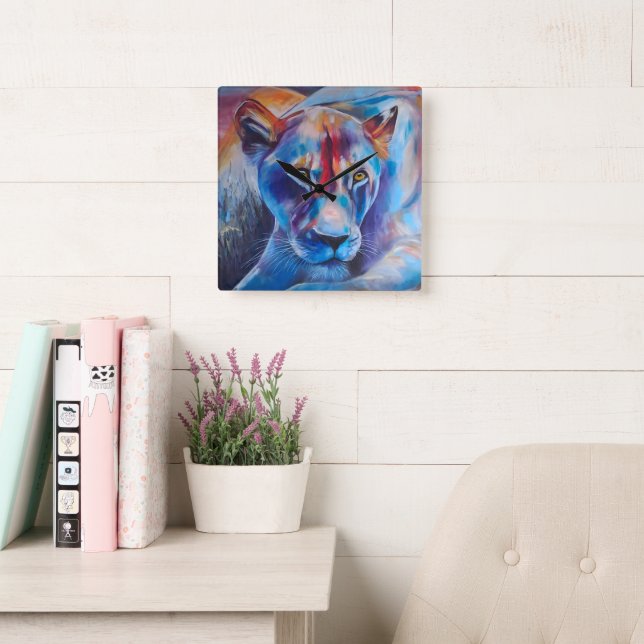 Hand Painted Wild Cat Portrait Square Wall Clock (Reading Room)