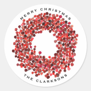 Hand Painted Winterberry Wreath Merry Christmas Classic Round Sticker