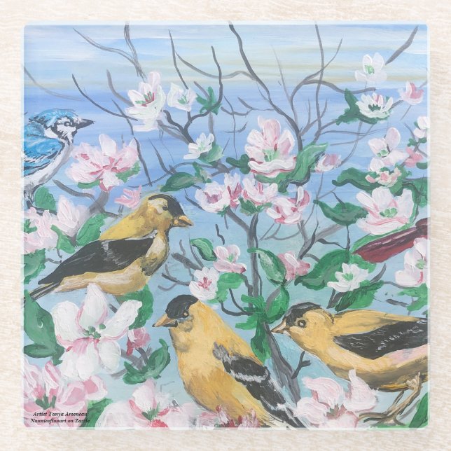 Hand Painted YELLOW Birds Glass Coaster (Front)