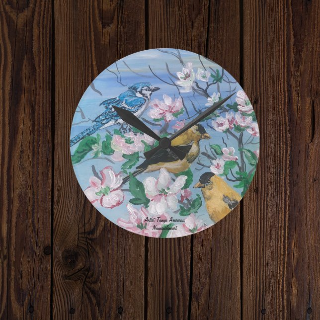 Hand Painted  Yellow Birds in Nature Round Clock (Creator Uploaded)