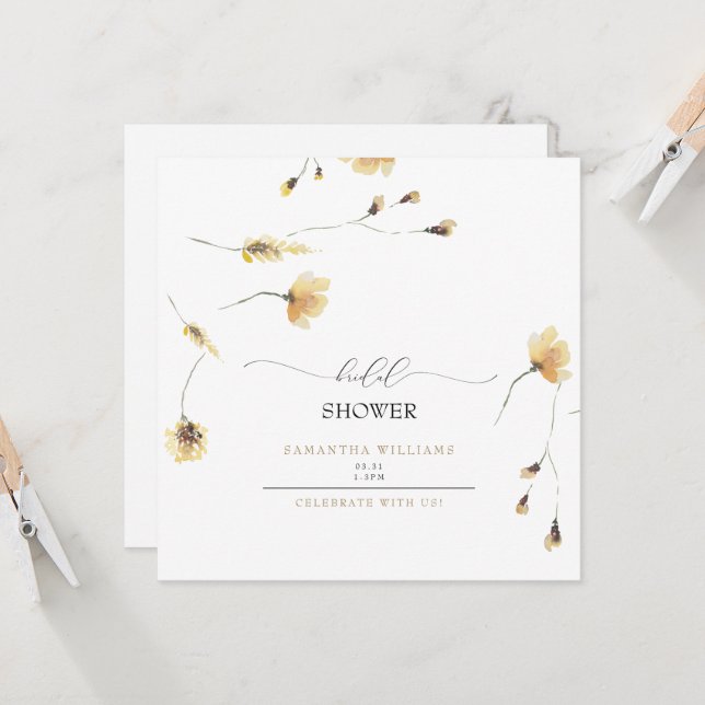 Hand Painted Yellow Peony Bridal Shower Square  In Invitation (Front/Back In Situ)