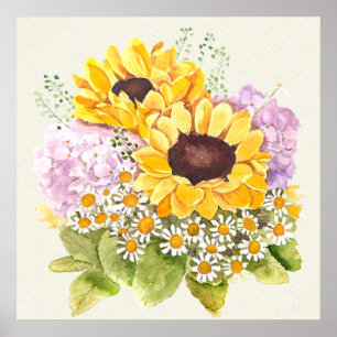 Hand painted yellow sunflowers purple hydrangea poster