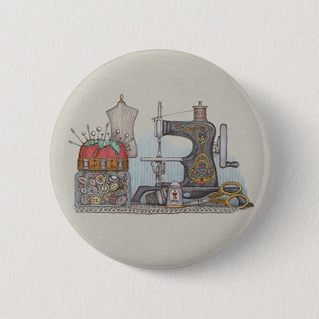 Hand Powered Sewing Machine 6 Cm Round Badge (Front)