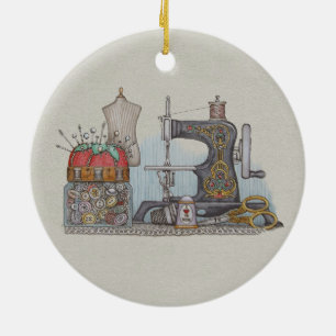 Hand Powered Sewing Machine Ceramic Ornament