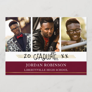 Hand Printed Graduate Maroon and Gold Lines Invitation