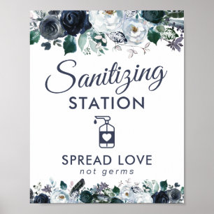 Hand Sanitising Station Blue Floral Poster