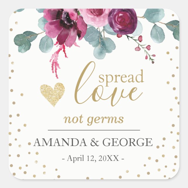 Hand sanitizer label burgundy flowers gold glitter (Front)