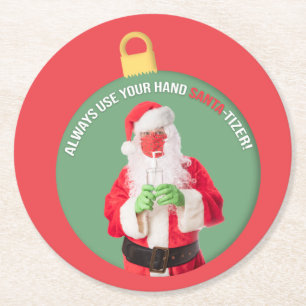 Hand SANTA-tizer Santa Claus 2020 Round Paper Coaster
