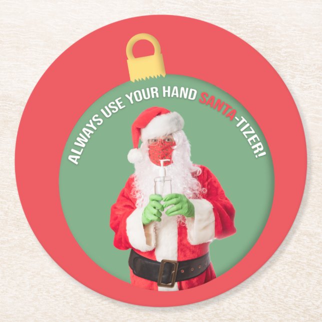 Hand SANTA-tizer Santa Claus 2020 Round Paper Coaster (Front)