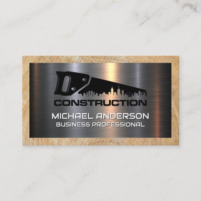 Hand Saw City Logo | Metal and Wood Construction Business Card (Front)