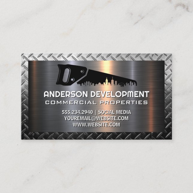 Hand Saw Construction Logo | Metallic  Business Ca Card (Front)