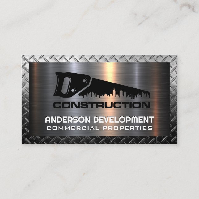 Hand Saw Construction Logo | Metallic  Business Card (Front)