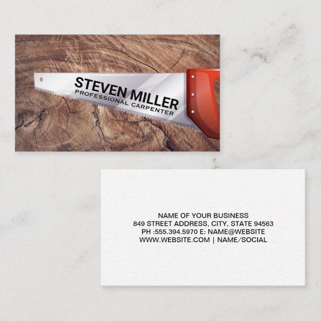 Hand Saw | Cut Wood Background Business Card (Front/Back)