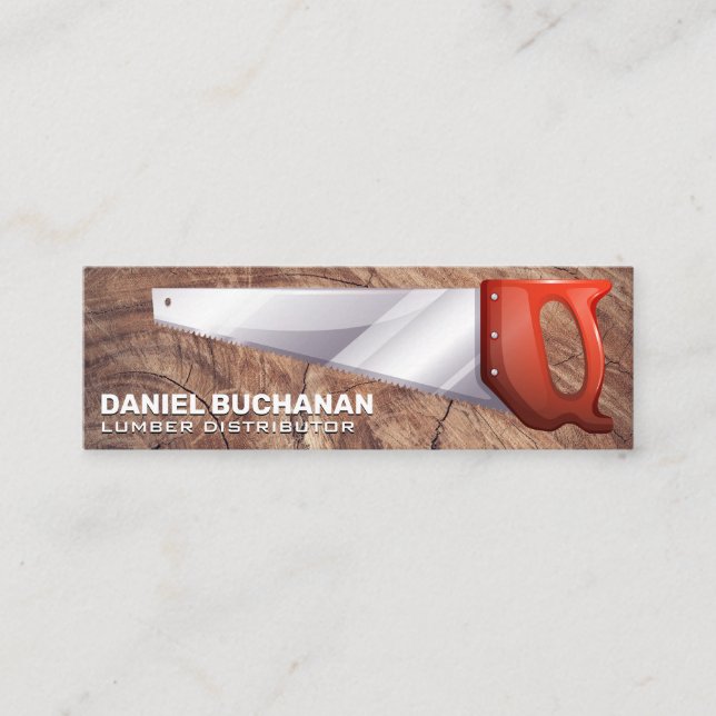 Hand Saw | Wood Grain Background Mini Business Card (Front)