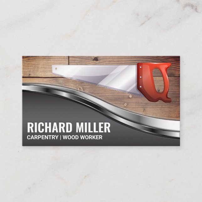 Hand Saw | Wooden Boards | Metal Trim Business Card (Front)