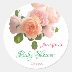Hand Script Baby Shower Template Flowers Floral Classic Round Sticker