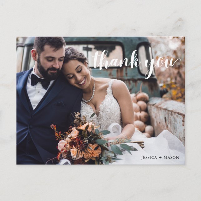Hand Script Photo Wedding Thank You Postcard (Front)