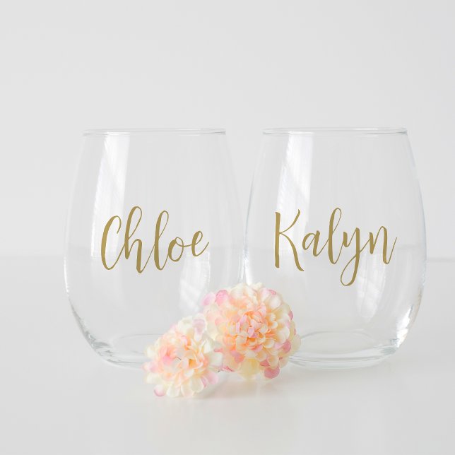 Hand Scripted Name Bachelorette Bridal Party Stemless Wine Glass (Creator Uploaded)