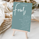 Hand Scripted Table FOUR   Guest Names Table Number<br><div class="desc">Simple and chic table number cards in dusty teal and white make an elegant statement at your wedding or event. Design features "table [number]" in an eyecatching mix of classic serif and handwritten script lettering, with individual guest names beneath. Design repeats on both sides. Individually numbered cards sold separately; order...</div>