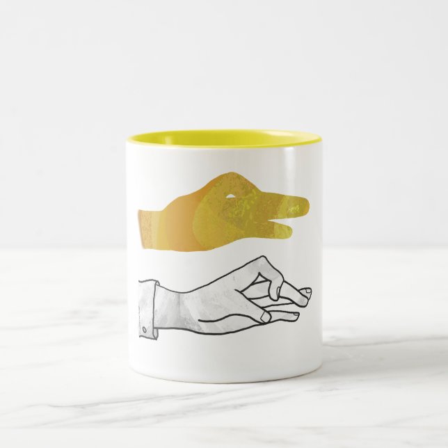 Hand Silhouette Duck Yellow Two-Tone Coffee Mug (Center)