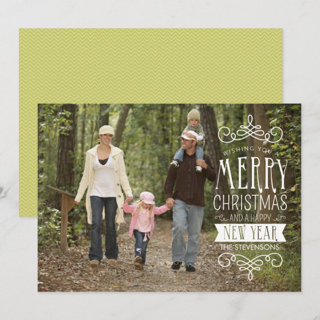 Hand Sketched Banner Holiday Photo Greeting Card (Front/Back)