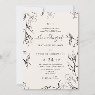 Hand Sketched Delicate Floral Beige Wedding Invitation