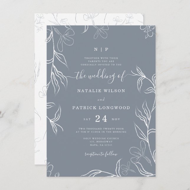 Hand Sketched Delicate Floral Dusty Blue Wedding Invitation (Front/Back)