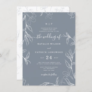 Hand Sketched Delicate Floral Dusty Blue Wedding Invitation
