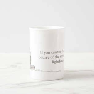 Hand sketched lighthouse with rocks peaceful scene bone china mug