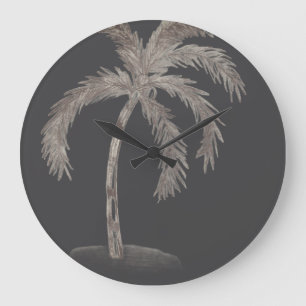 Hand sketched Palm tree with fronds blackand white Large Clock