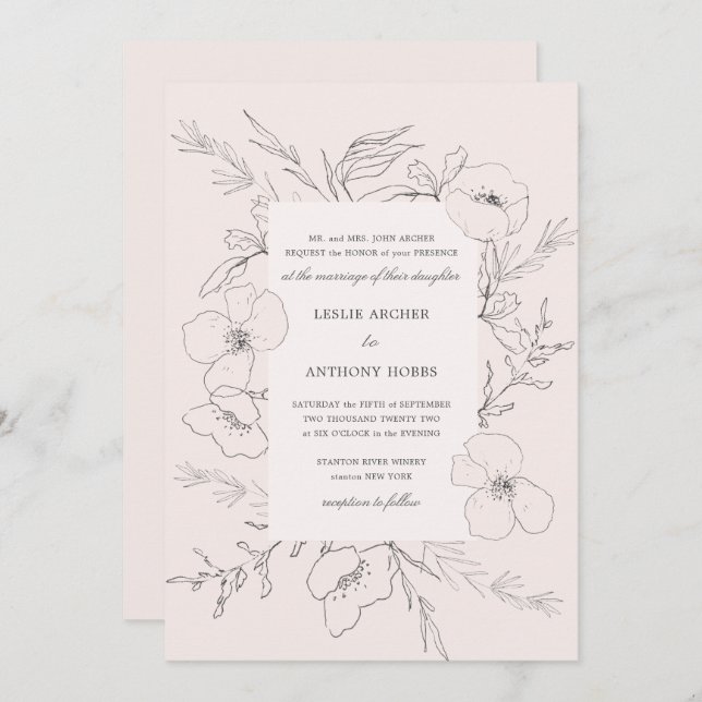 Hand Sketched Peony Blush Pink Wedding Invitation (Front/Back)