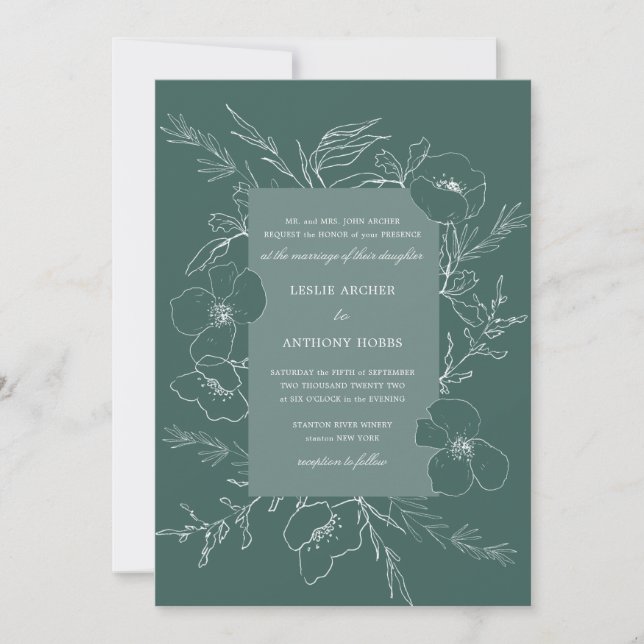 Hand Sketched Peony Emerald Green Wedding Invitation (Front)