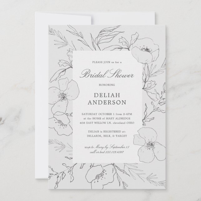 Hand Sketched Peony Grey Floral Bridal Shower Invitation (Front)