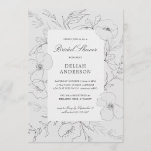 Hand Sketched Peony Grey Floral Bridal Shower Invitation