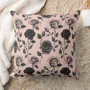 Hand Sketched Roses In Black On A Faded Pink Cushion