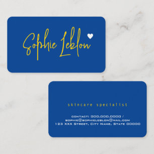 Hand Sketched Yellow Name on Blue with Heart Business Card